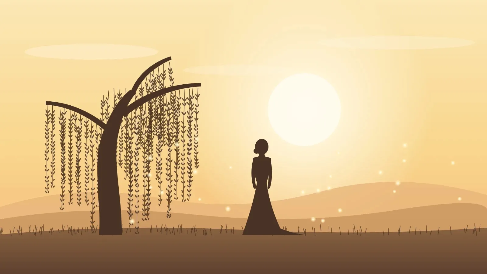 Silhouette of a woman in a gown beside a willow tree at sunset
